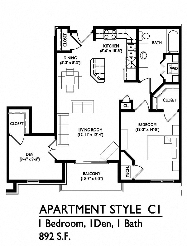 Floor plan for 1 bed, 1 bath, 892 sqft